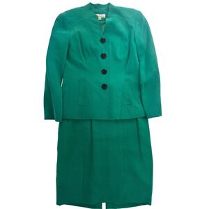 VTG SHOMI Petites Silk Skirt Suit Set Size 6 Emerald Green Blazer Vintage Womens